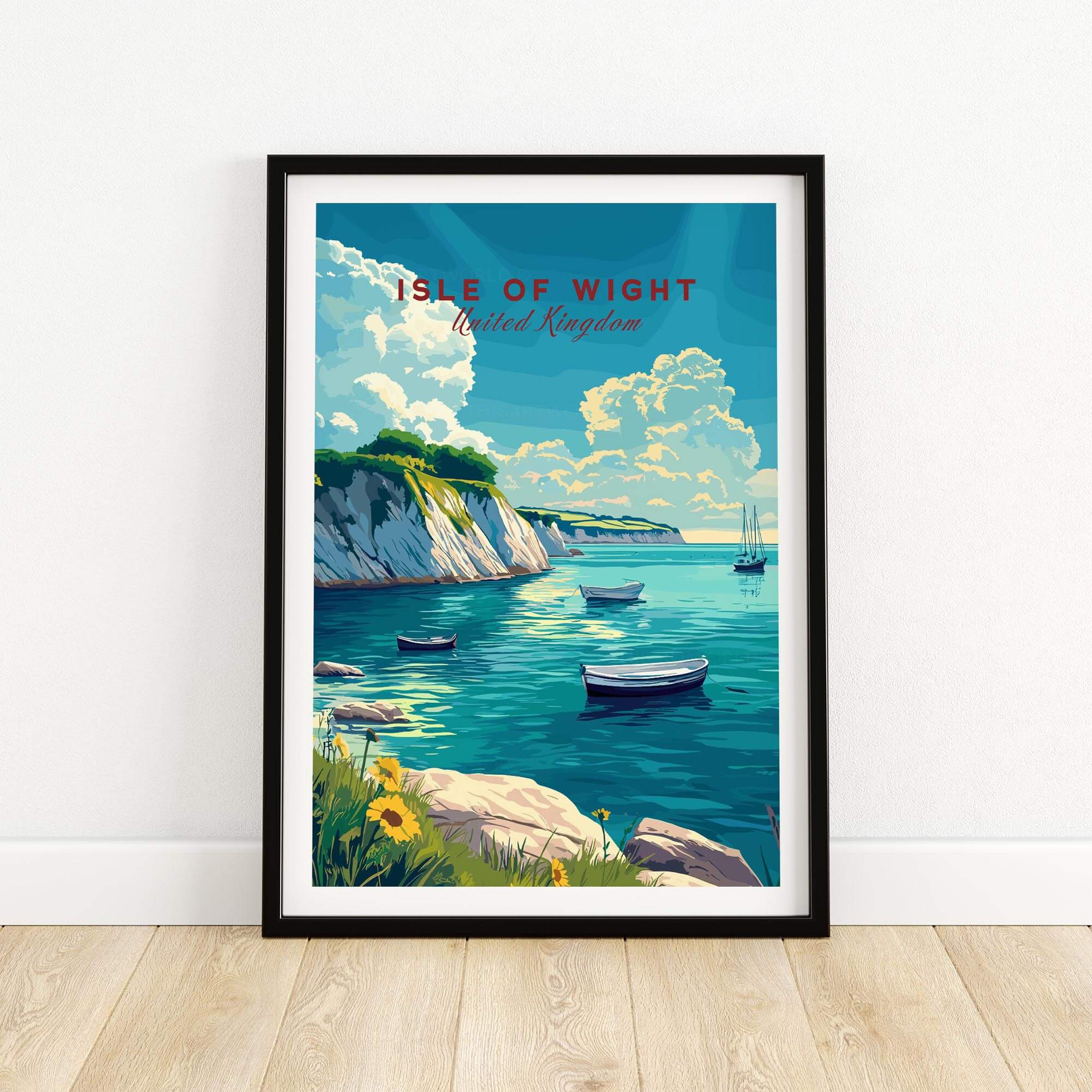 Isle of Wight Travel Print showcasing scenic coastline with boats, perfect for travel lovers and home decor.