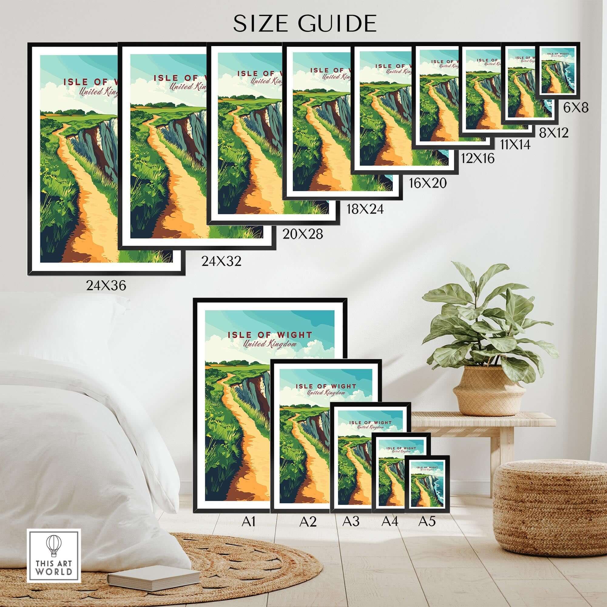 Isle of Wight Wall Art size guide showing various frame options for coastal decor.