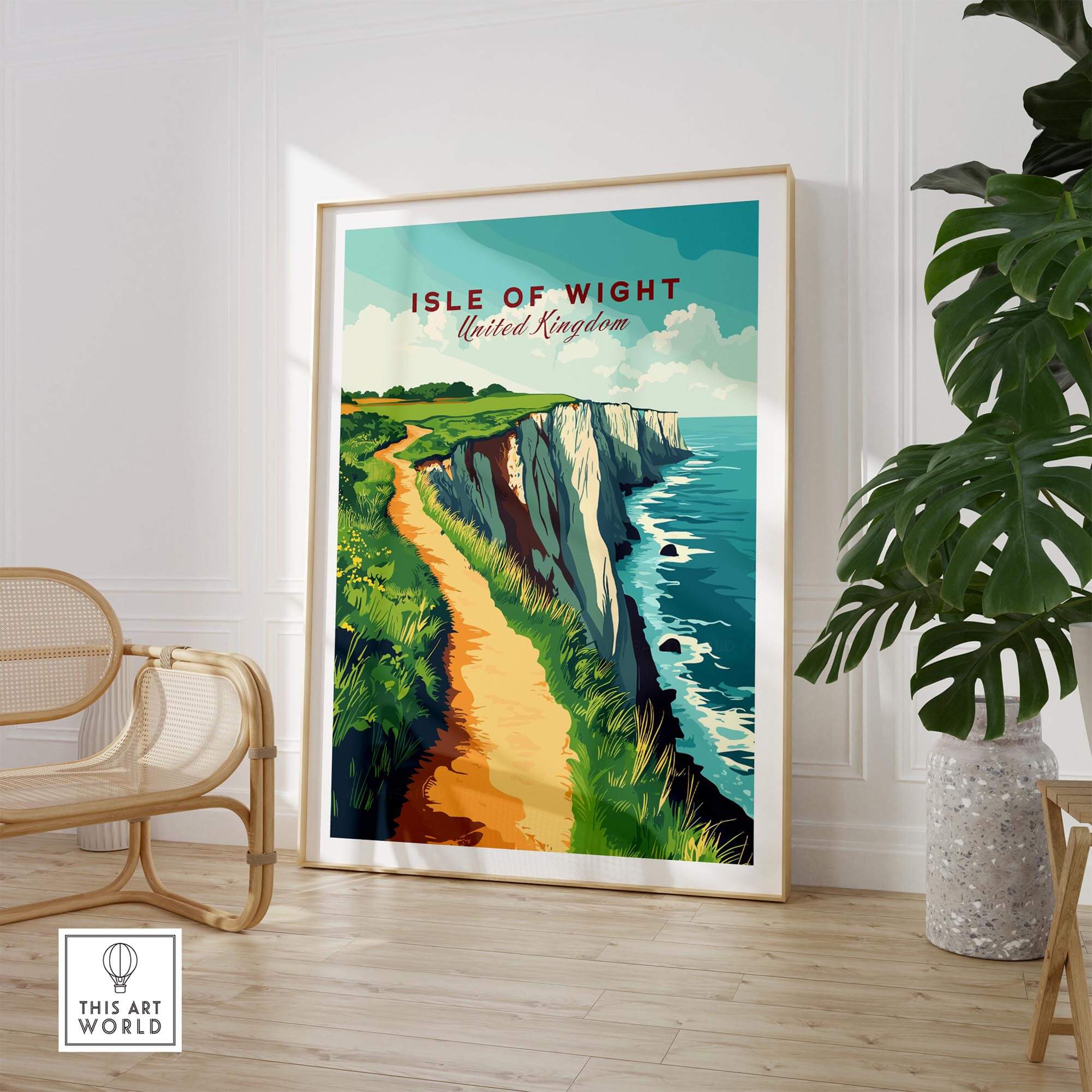 Isle of Wight Wall Art featuring stunning coastline and vibrant colors in a stylish interior setting.