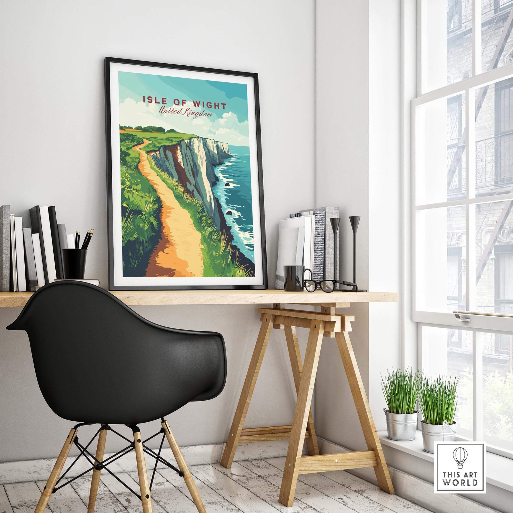 Isle of Wight Wall Art displayed in a stylish home office showcasing coastal serenity and charm.