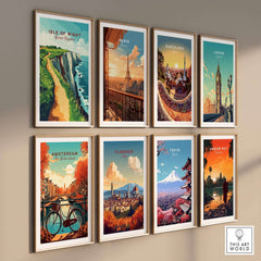 Isle of Wight Wall Art and travel posters featuring iconic destinations in a stylish gallery wall display.