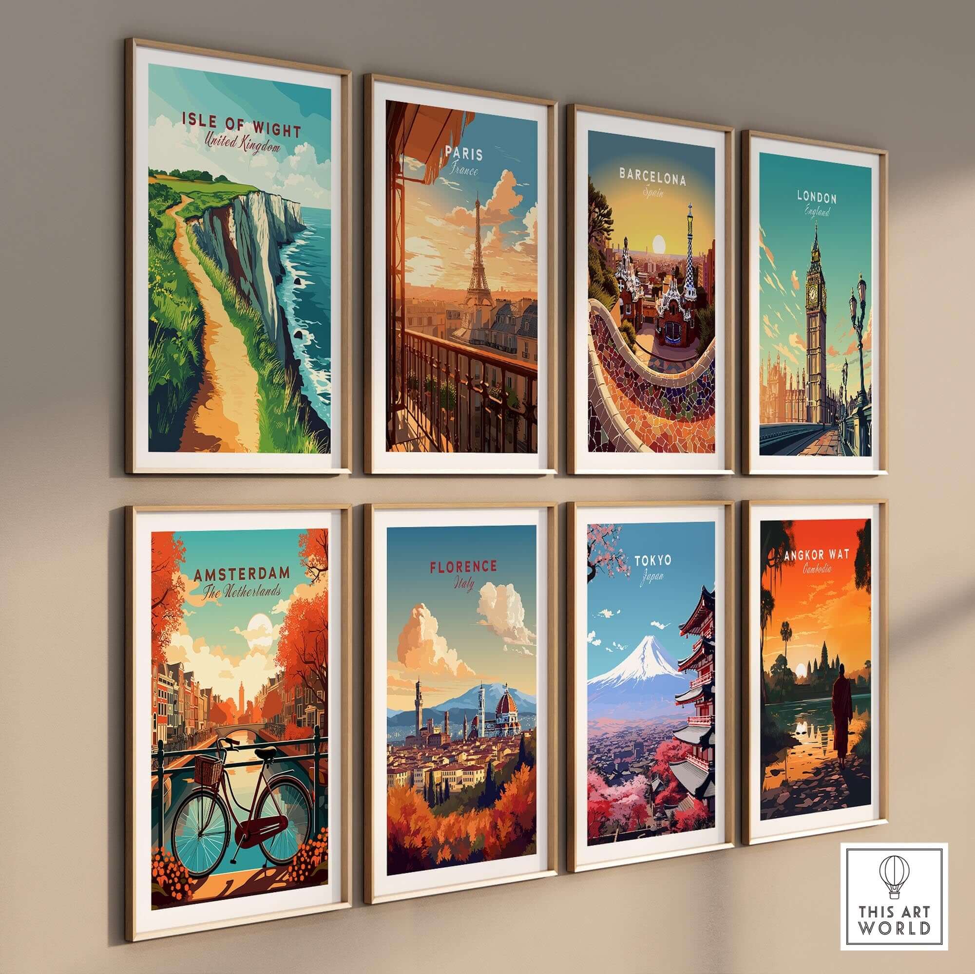 Isle of Wight Wall Art and travel posters featuring iconic destinations in a stylish gallery wall display.