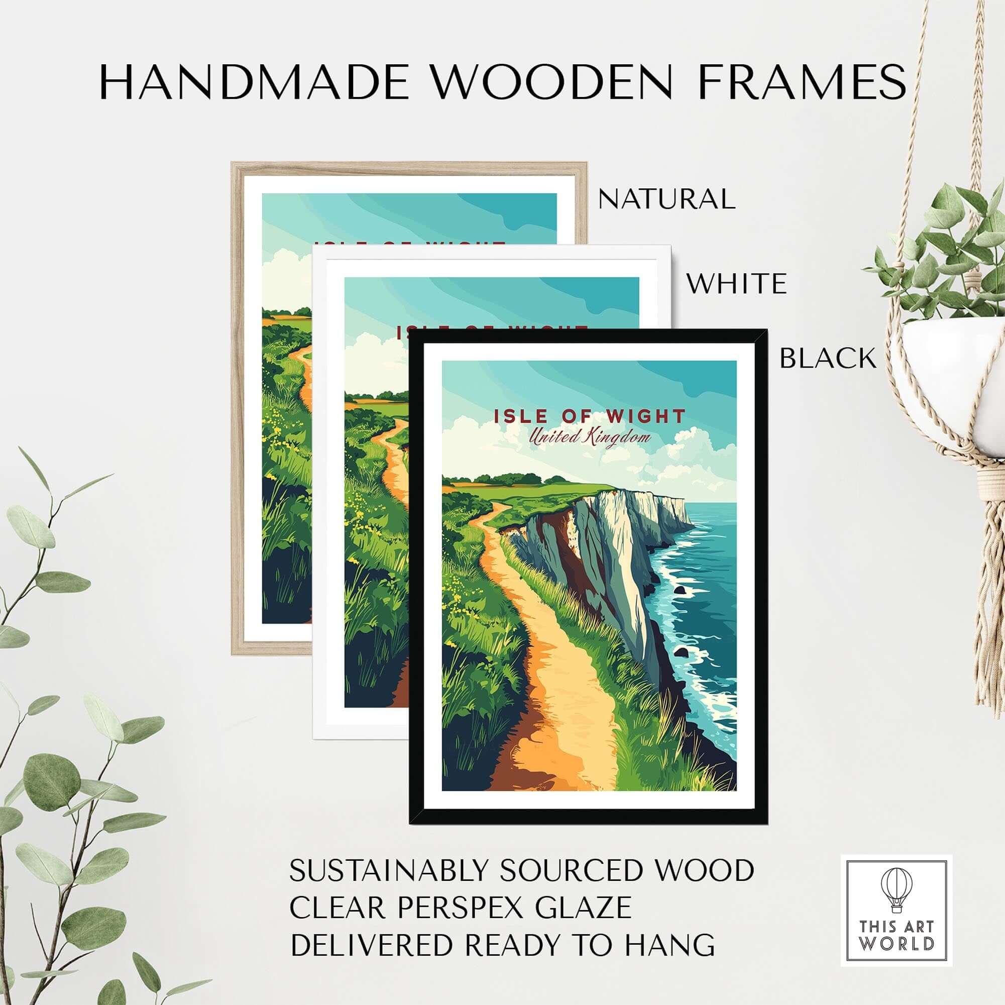 Isle of Wight Wall Art framed in handmade wooden frames, showcasing the stunning coastline and coastal charm.