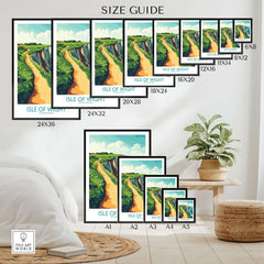Isle of Wight Wall Art Print size guide featuring various frame dimensions and a scenic coastal pathway.