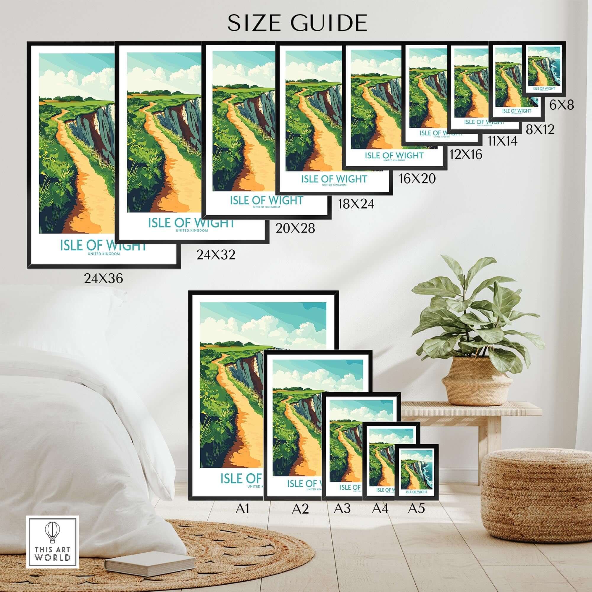 Isle of Wight Wall Art Print size guide featuring various frame dimensions and a scenic coastal pathway.