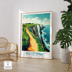 Isle of Wight Wall Art Print depicting coastal cliffs and serene landscapes in a stylish interior setting.