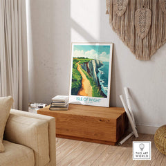 Isle of Wight Wall Art Print displayed in a stylish living room showcasing coastal cliffs and serene scenery.