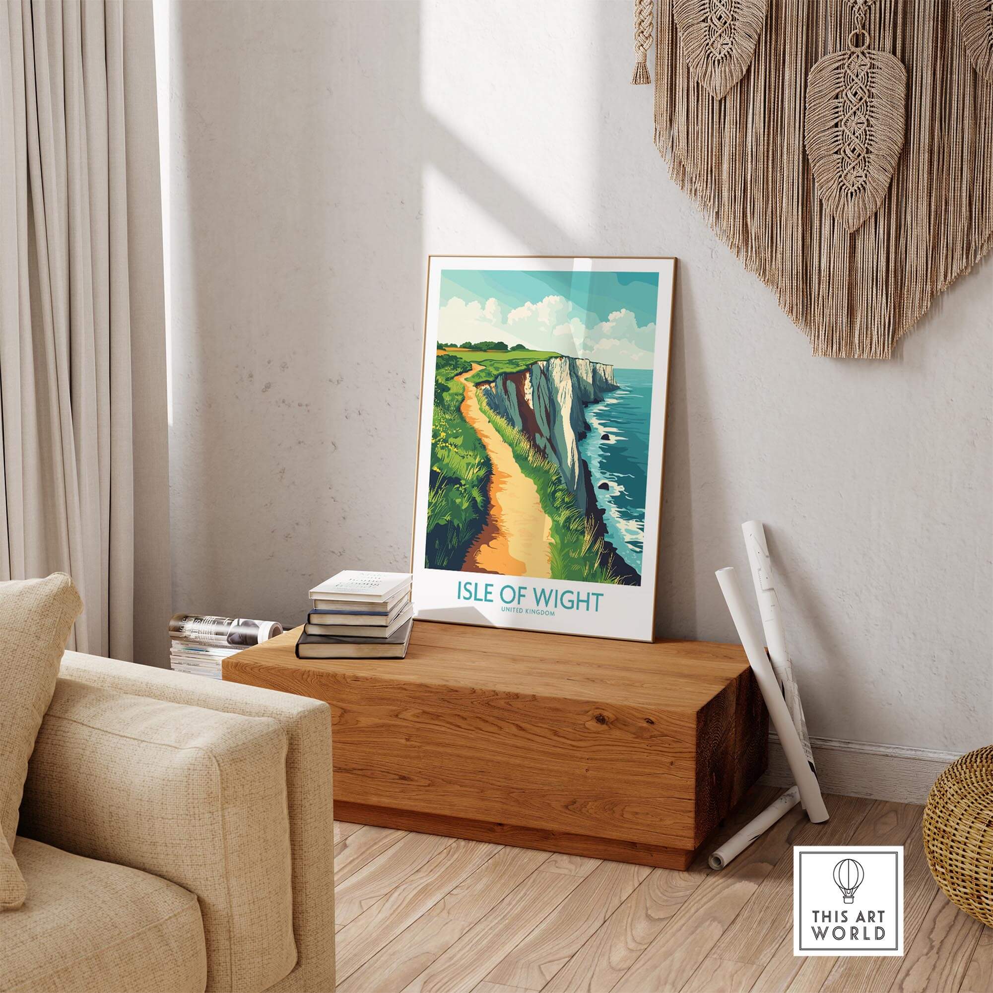 Isle of Wight Wall Art Print displayed in a stylish living room showcasing coastal cliffs and serene scenery.