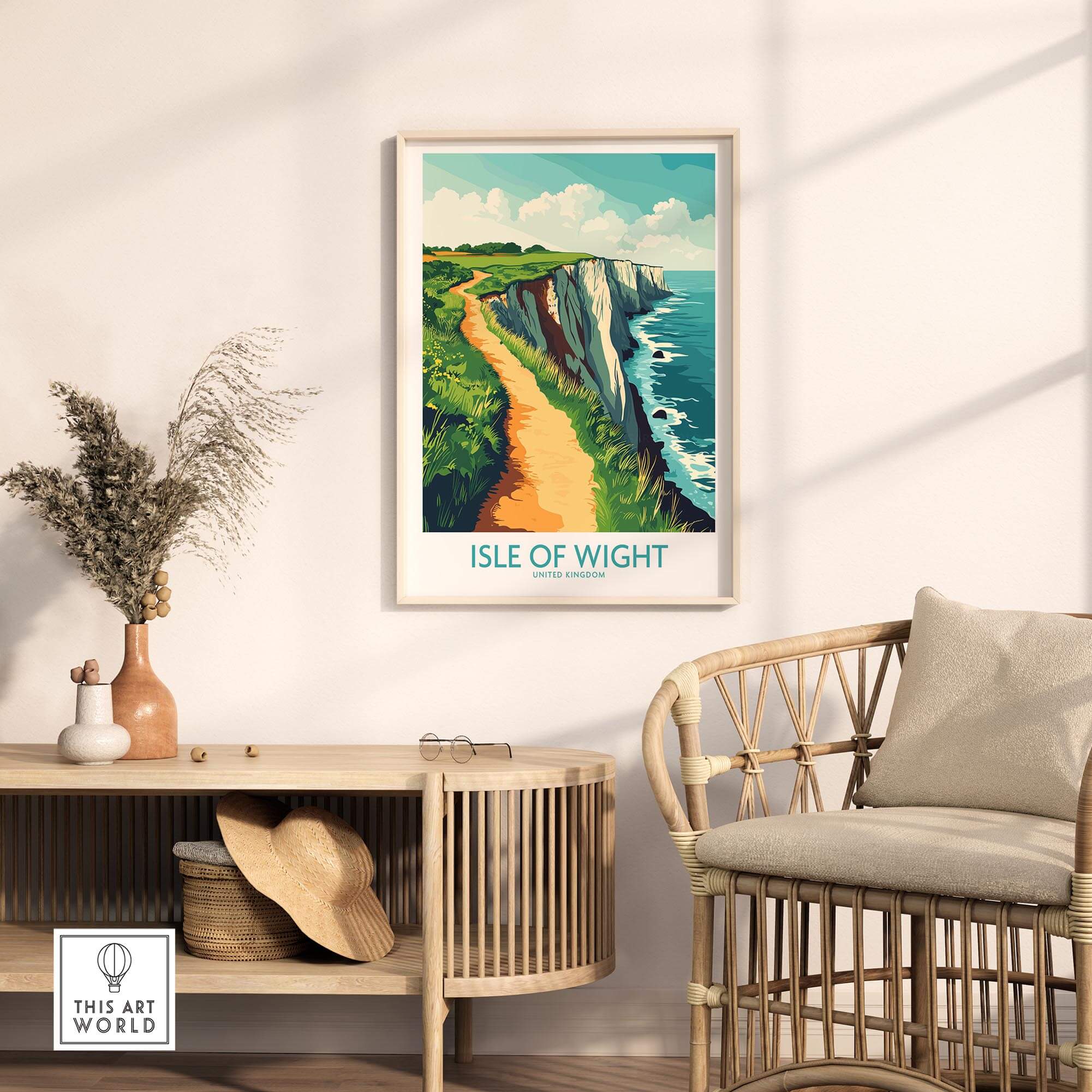 Isle of Wight Wall Art Print featuring coastal cliffs in a serene living space setting.