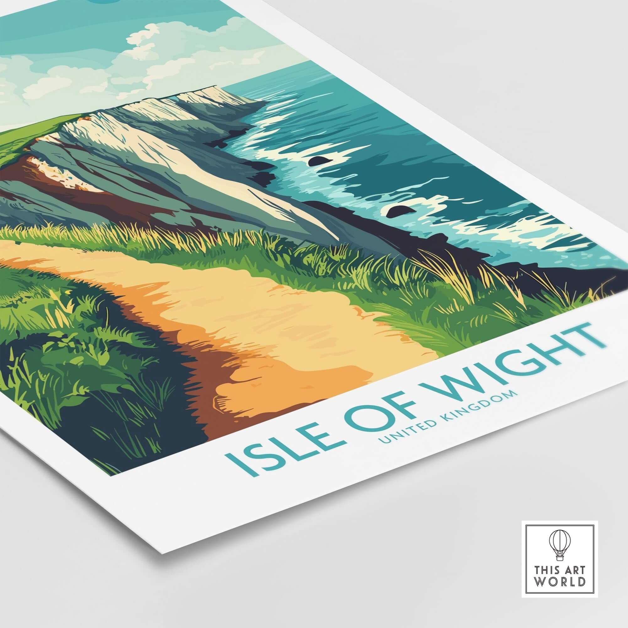 Isle of Wight Wall Art Print featuring coastal cliffs and vibrant landscape in the United Kingdom.
