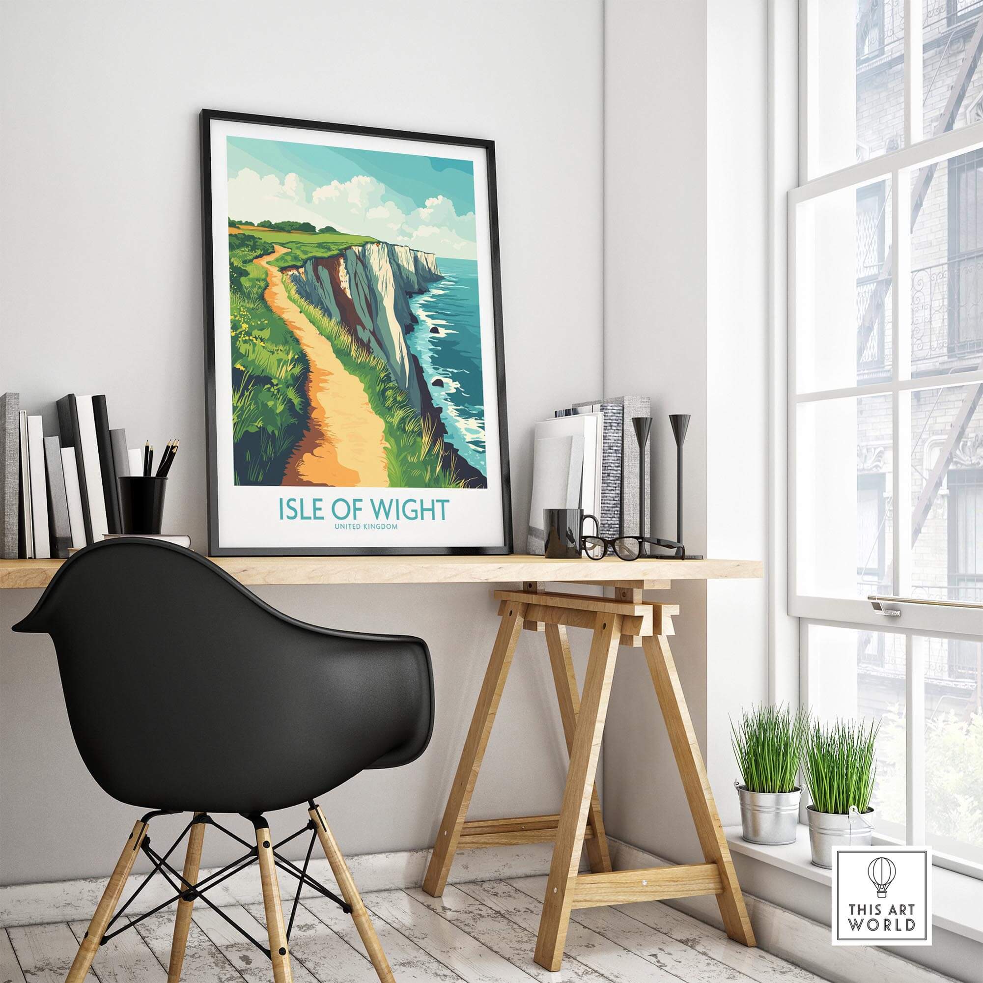 Isle of Wight Wall Art Print displayed in a stylish office setting with a black chair and natural light.