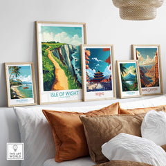 Isle of Wight Wall Art Print displayed among other travel prints on a modern shelf.