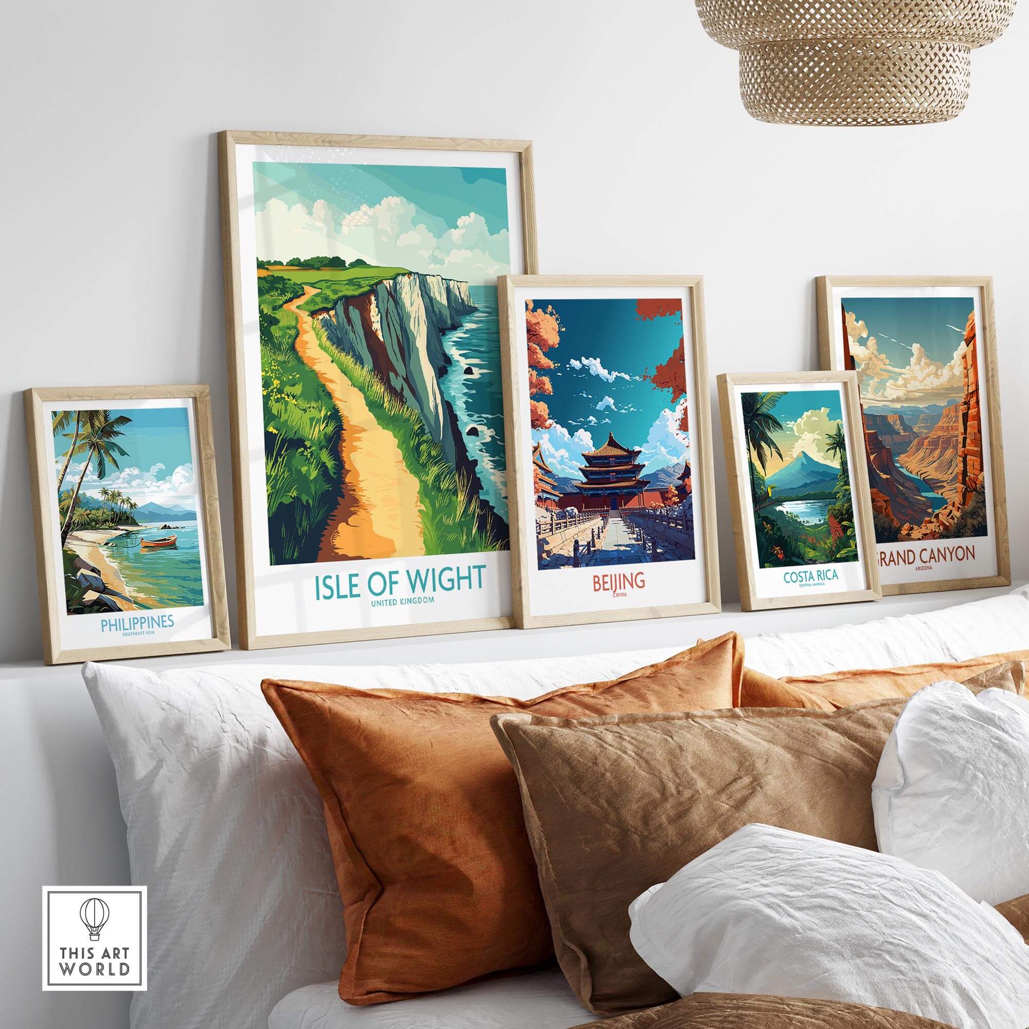 Isle of Wight Wall Art Print displayed among other travel prints on a modern shelf.