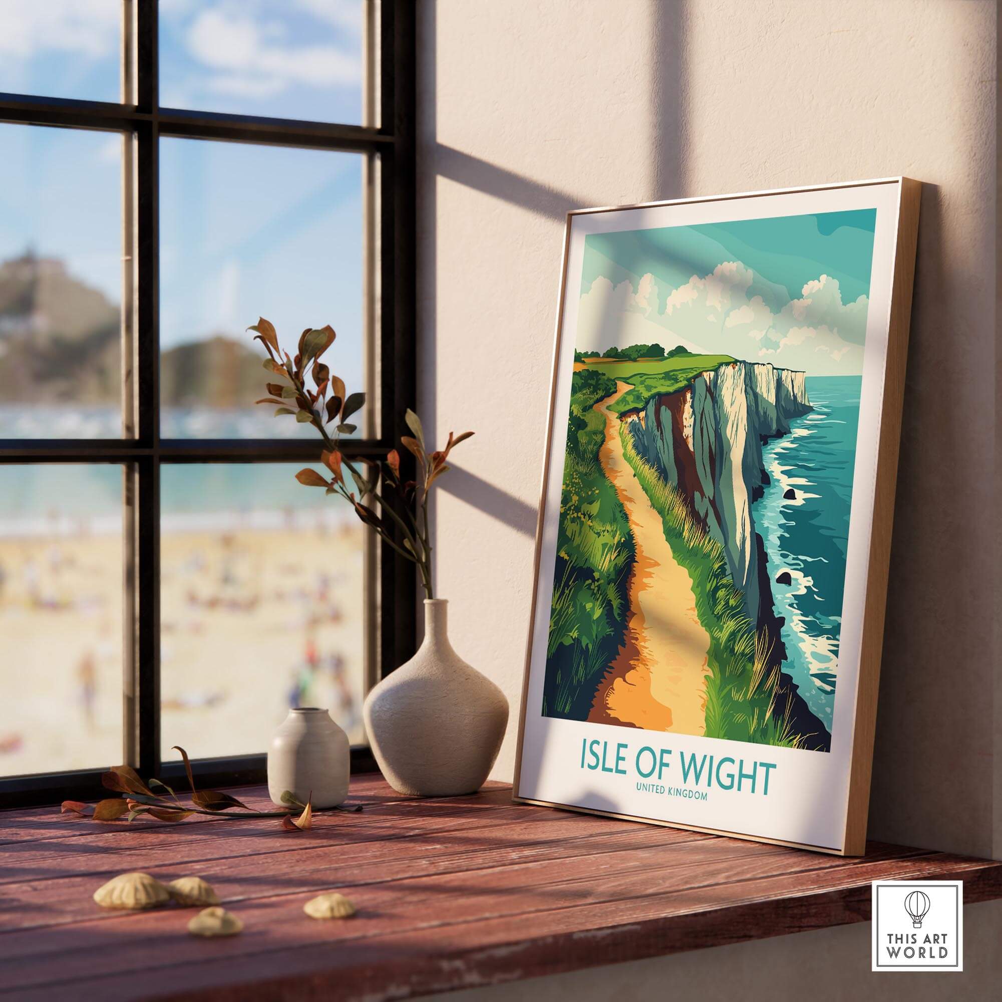 Isle of Wight Wall Art Print showcasing coastal cliffs and a serene beach view, perfect for home decor.