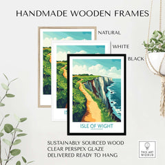 Isle of Wight Wall Art Print displayed in handmade wooden frames in natural, white, and black finishes.