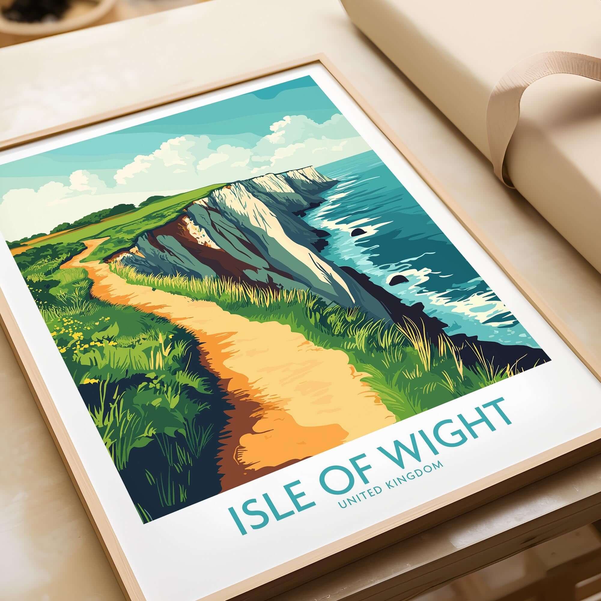 Isle of Wight Wall Art Print showcasing coastal cliffs and a scenic path in stunning colors.