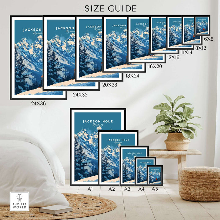 Jackson Hole Ski Poster size guide displayed on a wall with various print sizes from 6x8 to 24x36, featuring snowy Wyoming mountains.