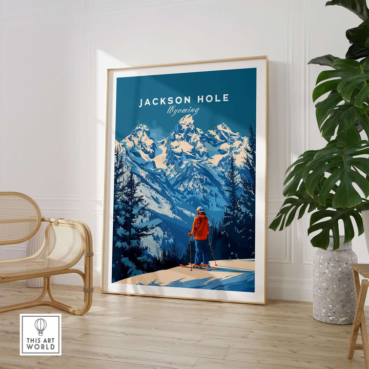 Vintage Jackson Hole ski poster featuring a skier with snowy Wyoming mountains in the background, displayed in a modern room.