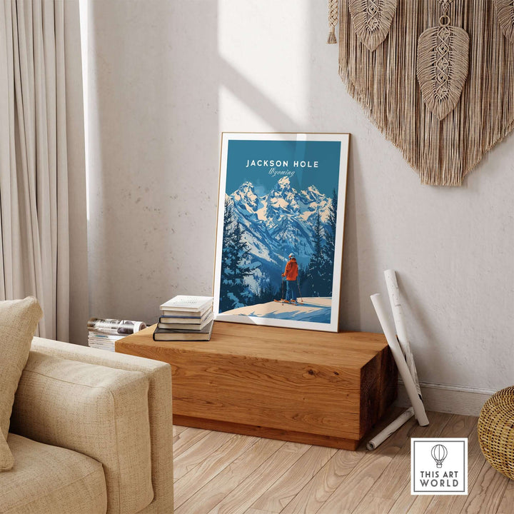 Jackson Hole Ski Poster featuring a skier with mountain backdrop, displayed on wooden bench in stylish living room, Wyoming decor