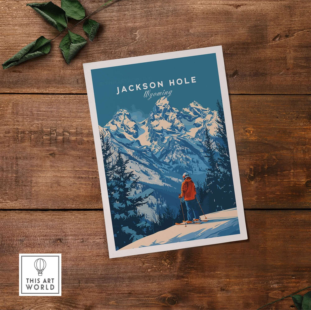 Jackson Hole Ski Poster on wooden table, featuring snowy mountains and skier, Wyoming-themed artwork.