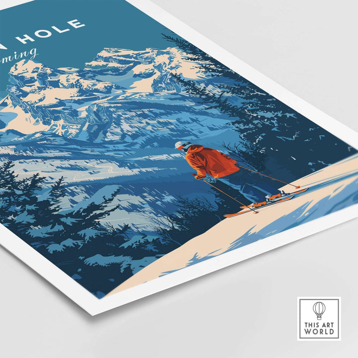 Jackson Hole ski poster featuring skier in red coat with Wyoming mountains and forests in the background.