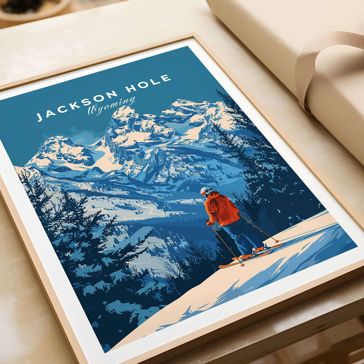 Jackson Hole Ski Poster featuring snowy mountains and skier in Wyoming, ideal for winter sports enthusiasts and home decor.