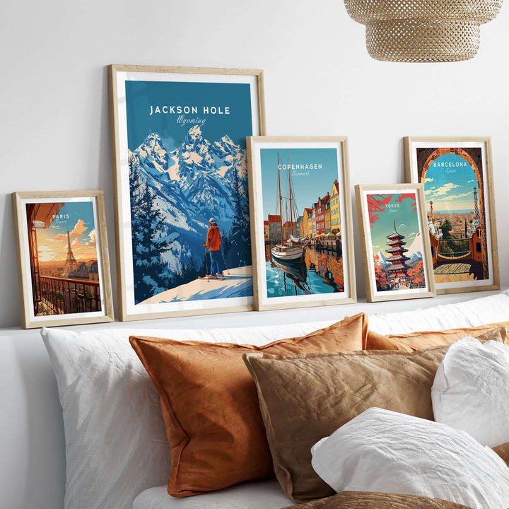 Jackson Hole Ski Poster displayed alongside travel art prints for Copenhagen, Barcelona, and other scenic destinations.