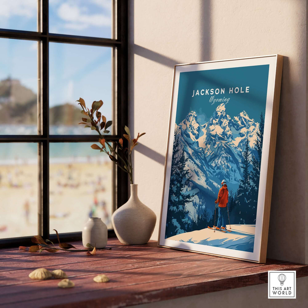 Jackson Hole Ski Poster in frame on windowsill with mountain view, home decor, Wyoming artwork.