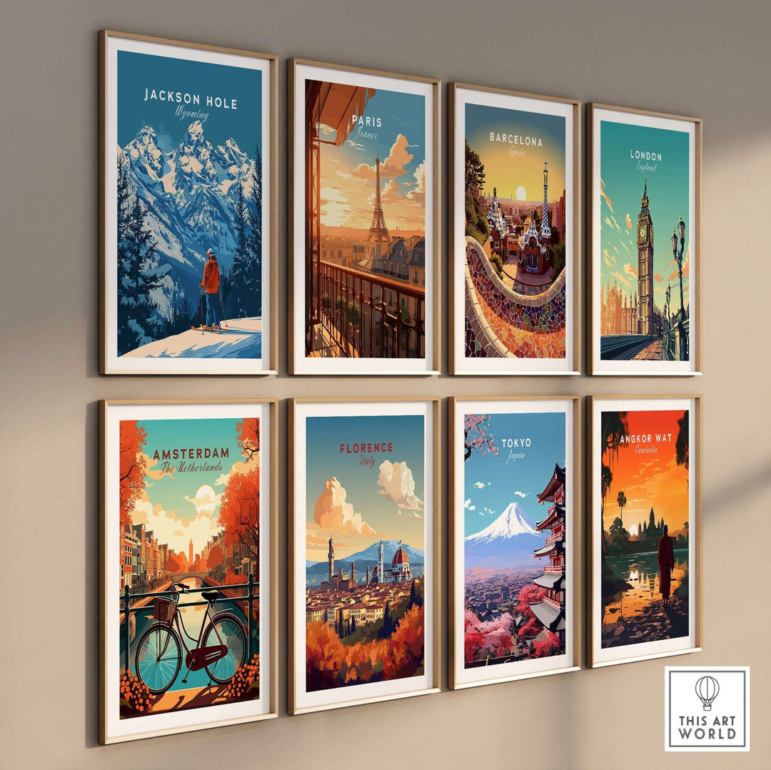 Gallery of framed travel posters featuring Jackson Hole, Paris, Barcelona, London, Amsterdam, Florence, Tokyo, and Angkor Wat.