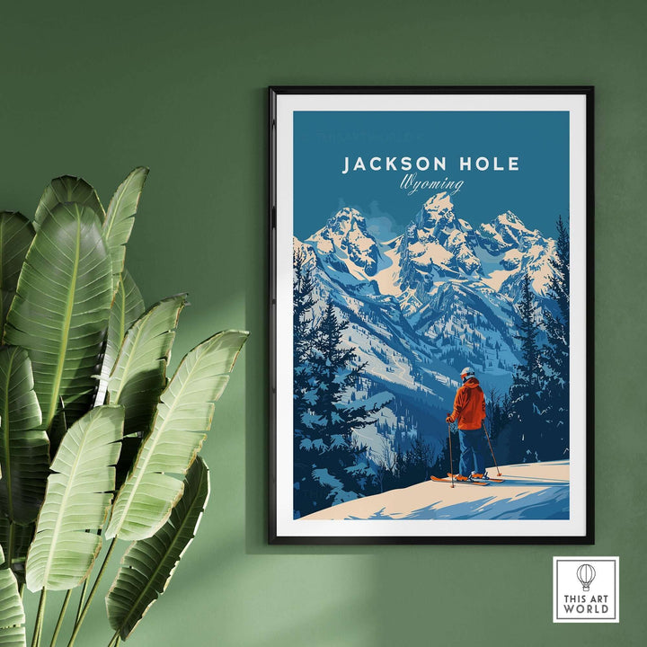 Jackson Hole Wyoming ski poster with snowy mountains and skier in a red jacket, displayed on a green wall.