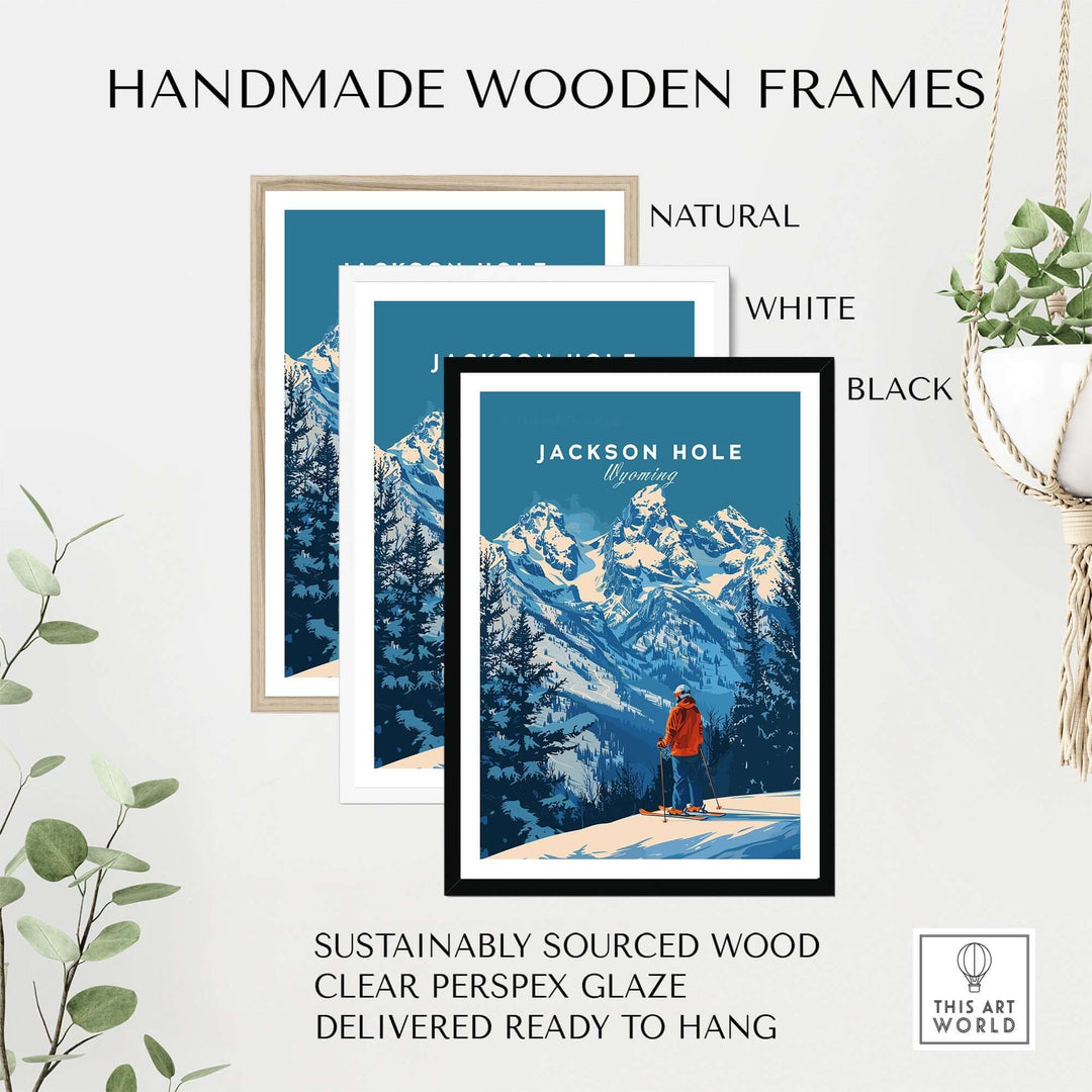 Jackson Hole ski poster in handmade wooden frames, available in natural, white, and black. Sustainable wood and ready to hang.