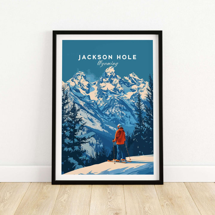 Jackson Hole Ski Poster featuring a skier overlooking snowy mountains in Wyoming, framed and displayed against a light wall.