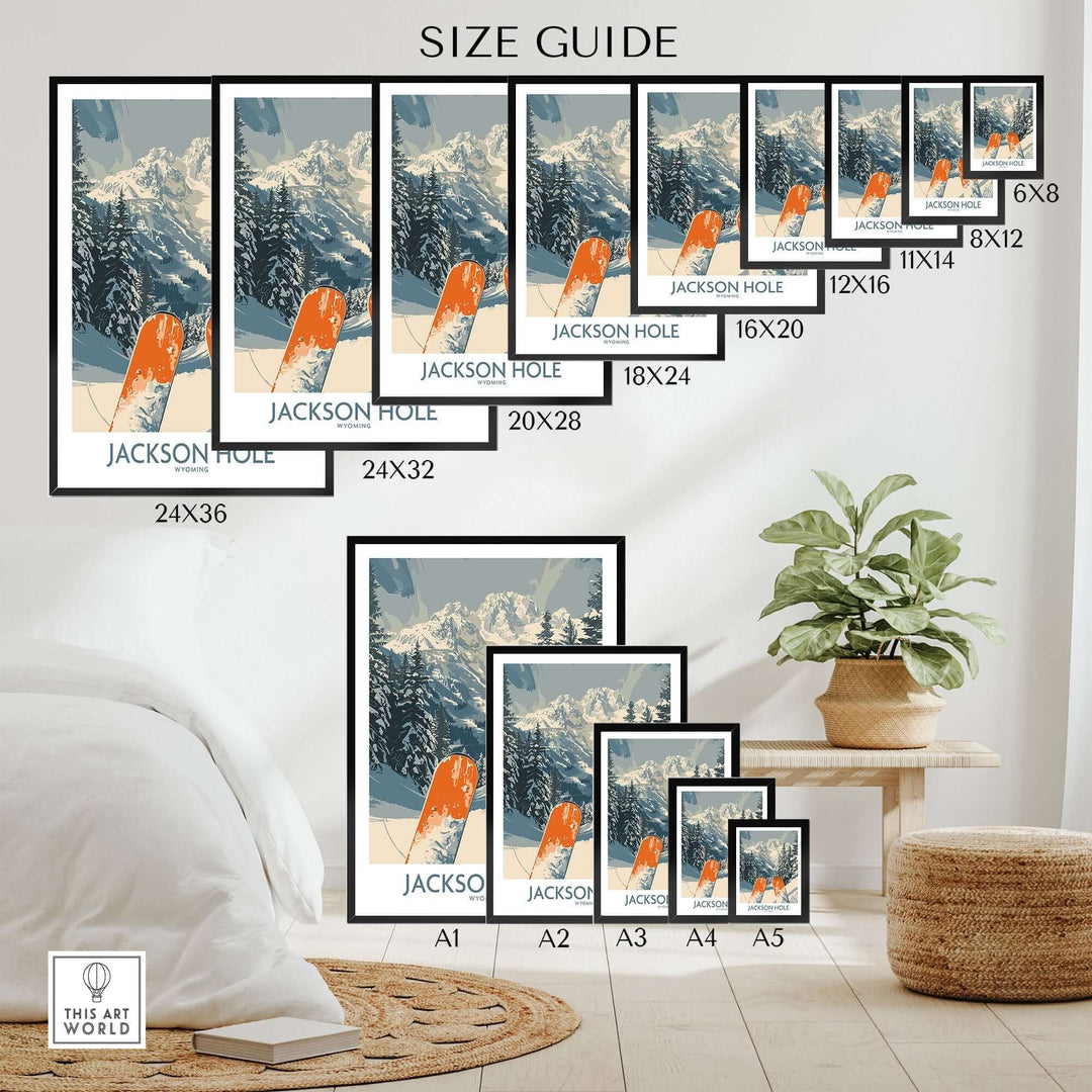 Size guide for Jackson Hole Ski Print featuring various dimensions displayed in a cozy living room setting.