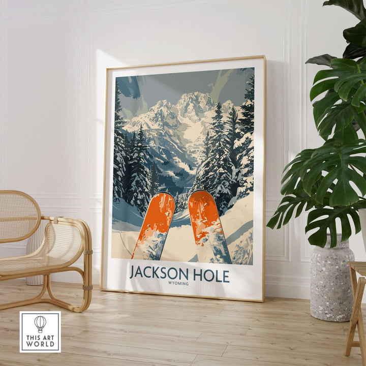 Jackson Hole ski print featuring snowy mountains and vibrant skis, perfect decor for skiing enthusiasts in Wyoming.