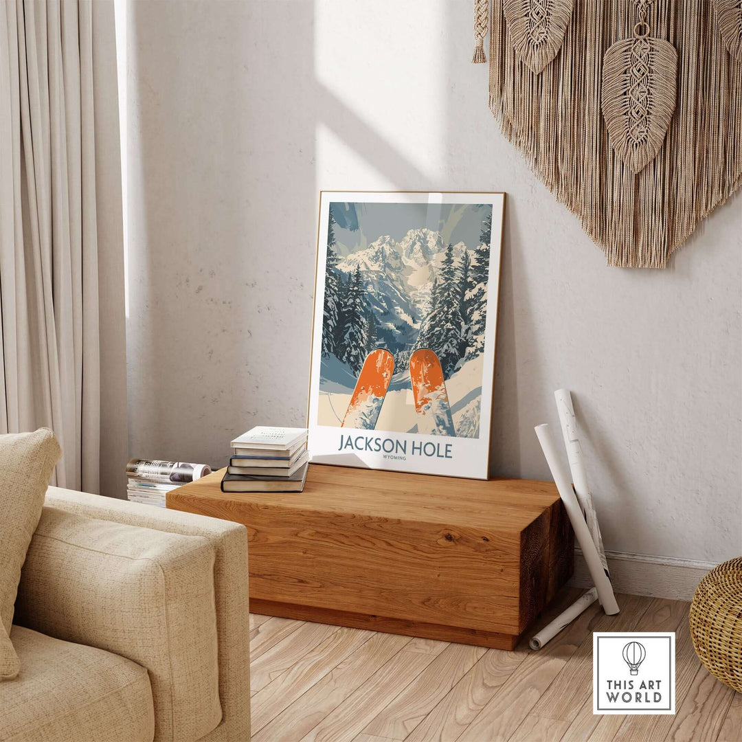 Jackson Hole Ski Print showcasing skis and snowy mountains, perfect decor for skiing enthusiasts and winter sports lovers.