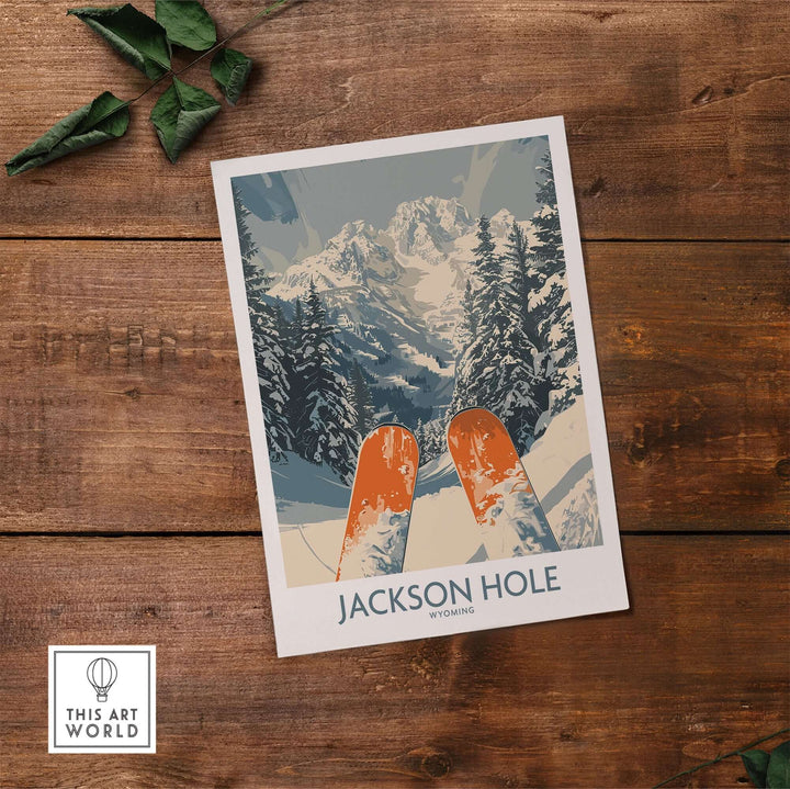 Jackson Hole Ski Print showcasing vibrant orange skis against a stunning snowy mountain backdrop in Wyoming.