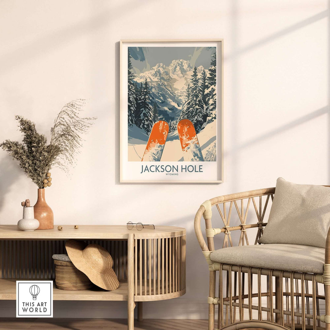 Jackson Hole Ski Print in stylish home decor, showcasing vibrant skis and snowy mountains, perfect for ski enthusiasts.