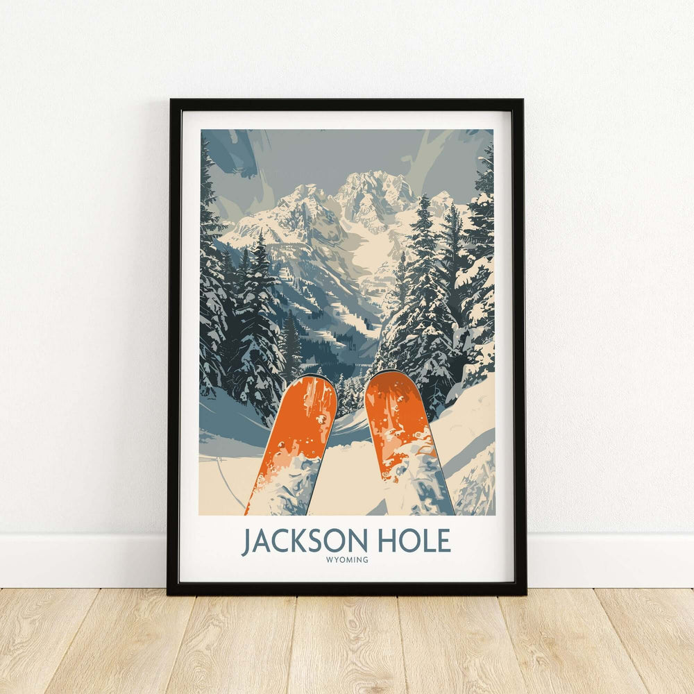 Jackson Hole Ski Print featuring snow-covered mountains and skis, capturing Wyoming's iconic ski resort beauty.