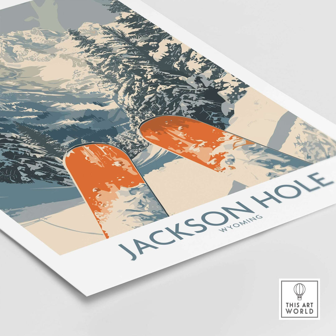 Jackson Hole ski print featuring snowy mountains and vibrant snowboards, capturing the essence of Wyoming's iconic ski resort.