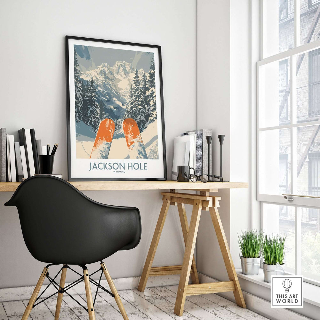 Jackson Hole ski print on a desk in a modern room, showcasing Wyoming's stunning snowy landscape and ski gear.