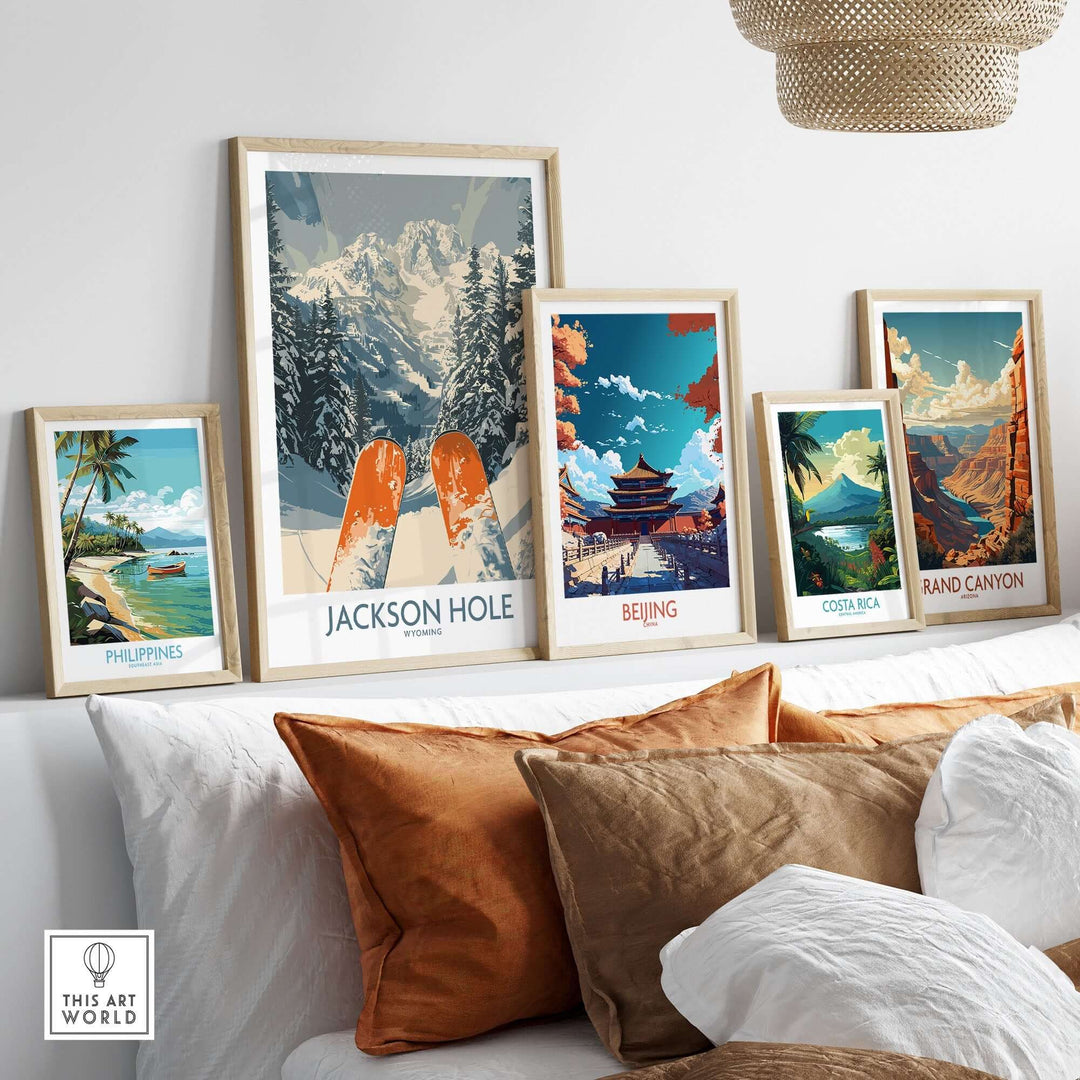 Jackson Hole ski print among travel posters, showcasing stunning designs from various destinations and cozy home decor.