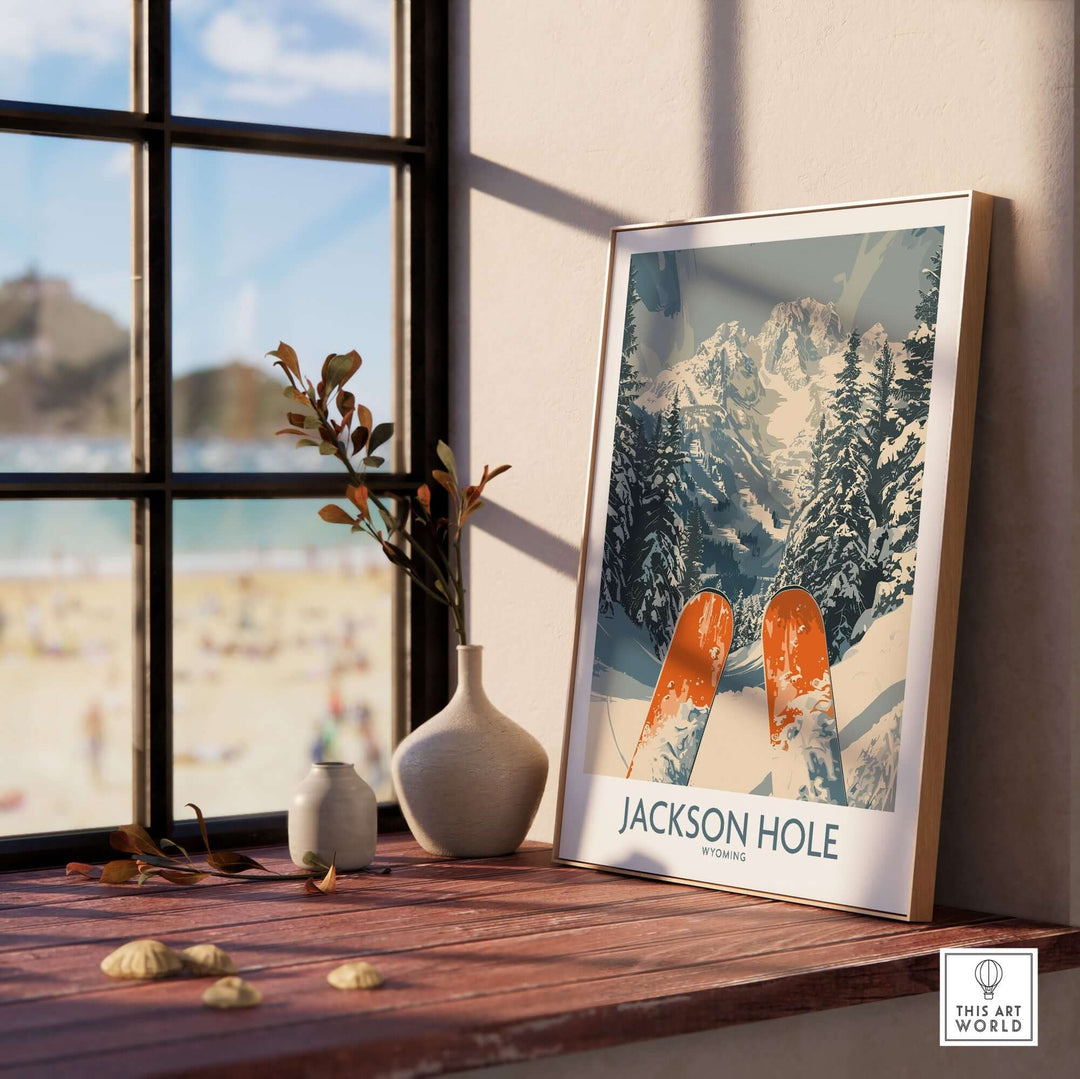 Jackson Hole ski print showcased by a window, capturing Wyoming's stunning winter landscape and vibrant ski culture.