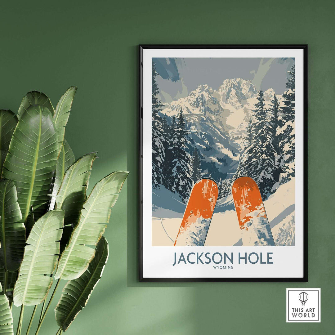 Jackson Hole Ski Print showcasing vibrant orange skis against a stunning Wyoming mountain landscape. Perfect for ski enthusiasts.