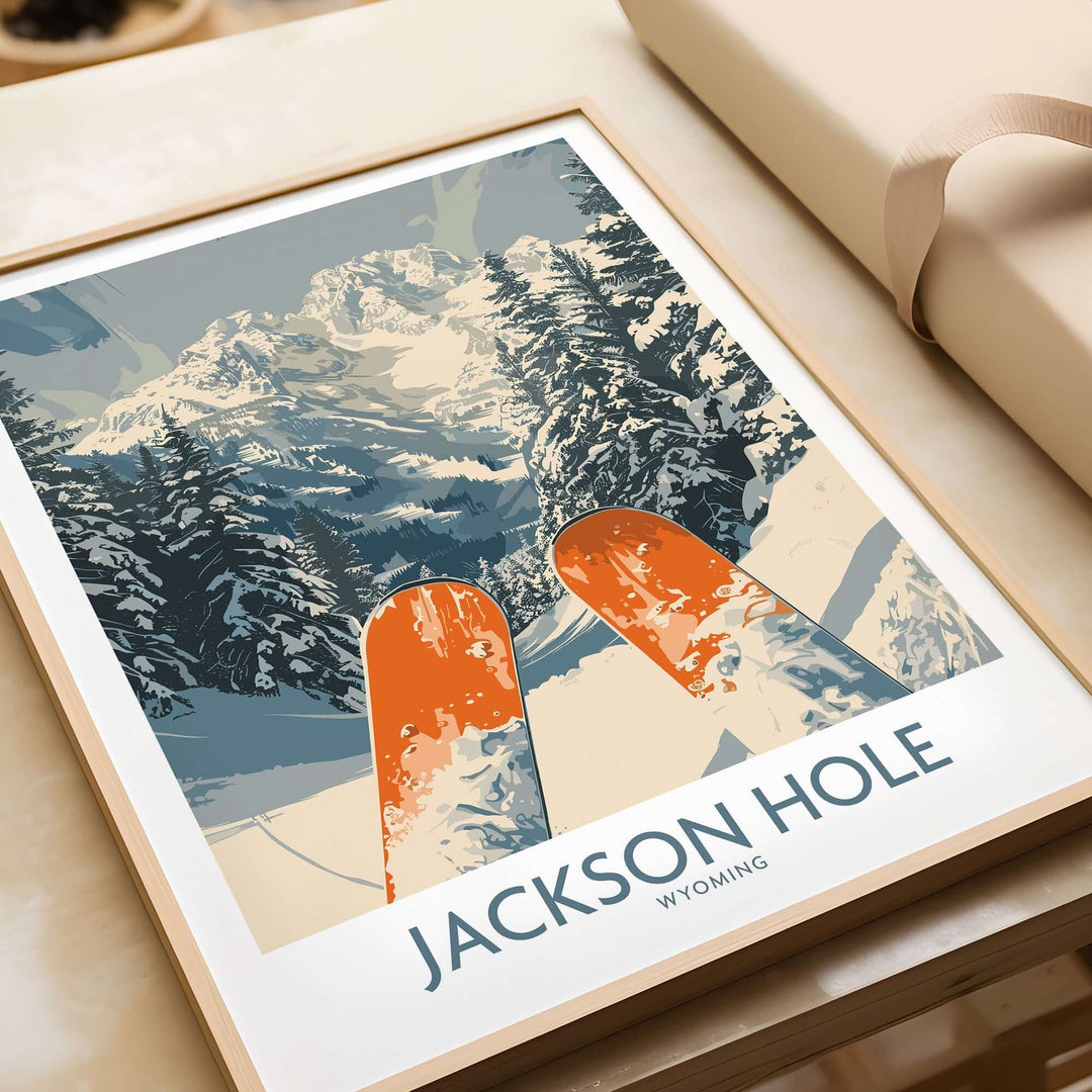 Jackson Hole Ski Print featuring ski poles against a snowy mountain backdrop in Wyoming, perfect for skiing enthusiasts.