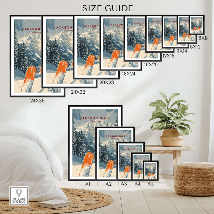 Jackson Hole travel poster size guide showcasing various frame sizes in a stylish home setting.