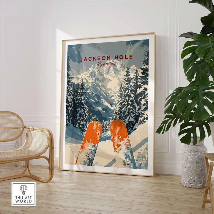 Jackson Hole travel poster featuring ski slopes and mountains, perfect for nature lovers and wanderlust enthusiasts.