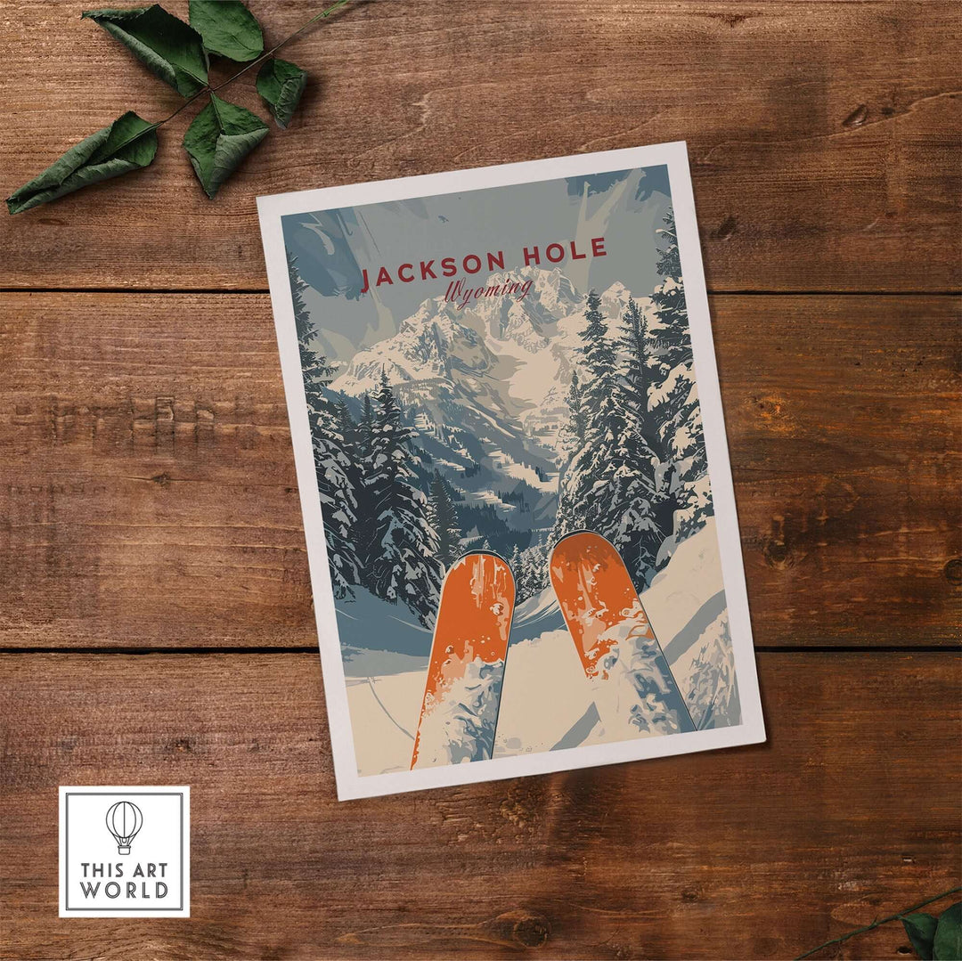 Jackson Hole travel poster featuring ski slopes and mountain views, perfect for nature lovers and travelers.