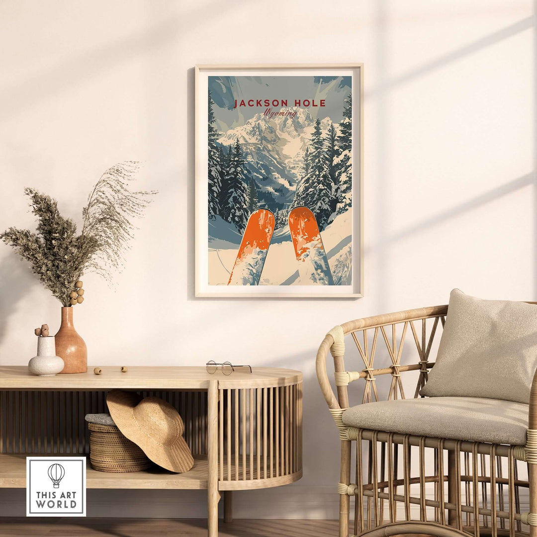 Jackson Hole travel poster featuring ski slopes and mountains displayed in a stylish home interior setting.