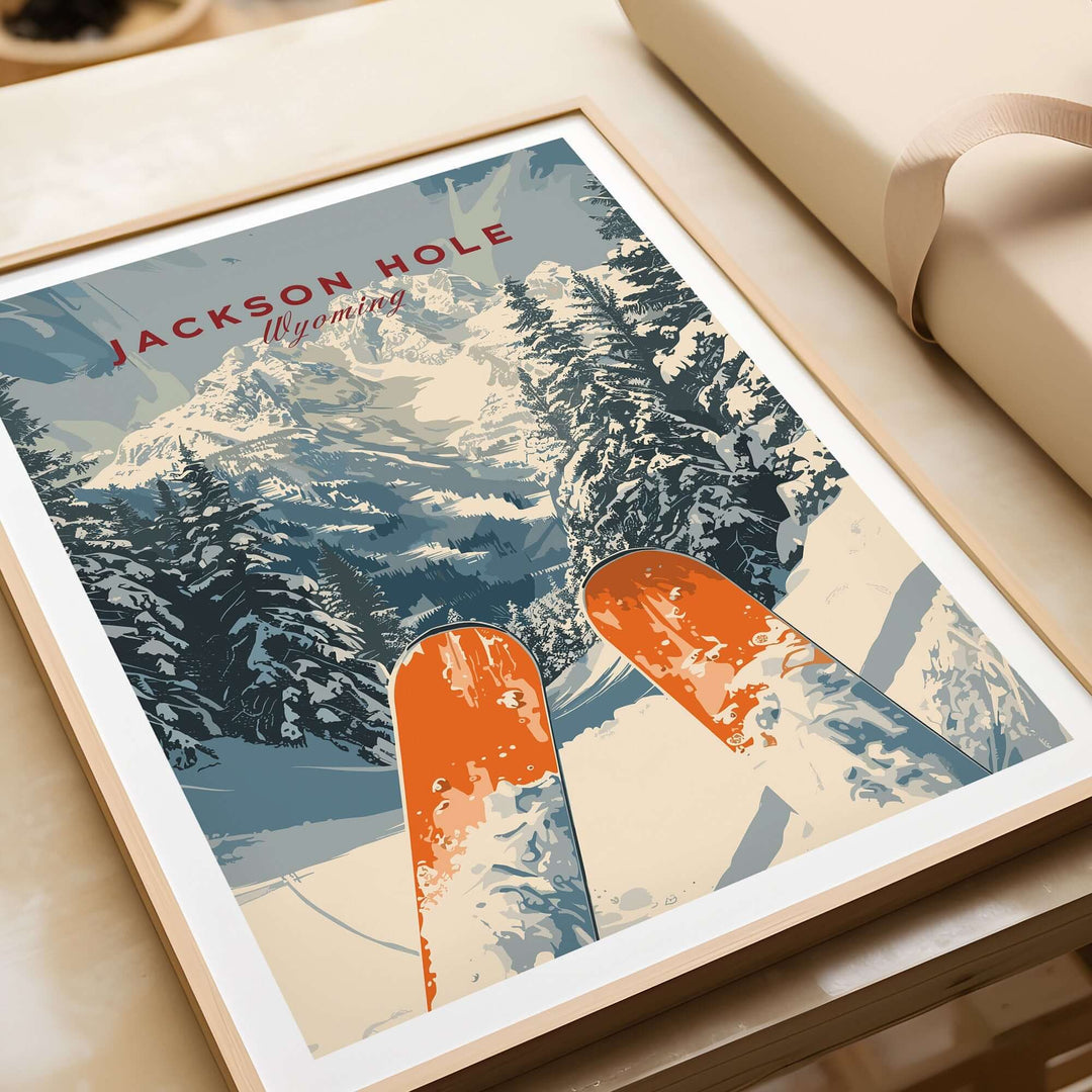 Jackson Hole travel poster featuring scenic ski slopes and snowy mountains in Wyoming, perfect for wall art decor.