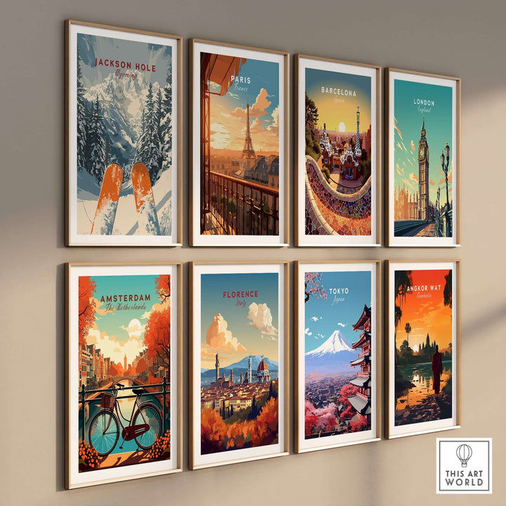 Collection of travel posters including Jackson Hole, Paris, Barcelona, and more, showcasing beautiful global destinations.